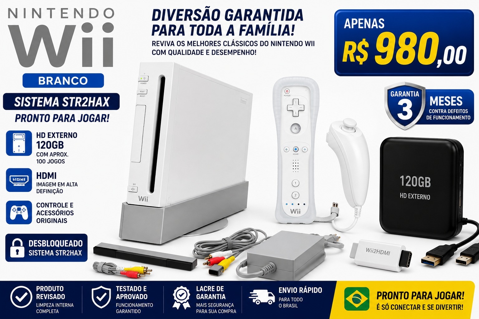 Nintendo Wii Branco Sistema STR2HAX + HD Externo 120GB + HDMI - Pronto para Jogar (Item Usado)