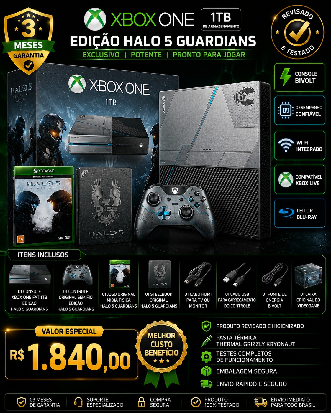 Xbox One Fat 1TB Edição Halo 5 01 Controle Original + Halo 5 Guardians + 01 SteelBook Caixa Original Pronto para Jogar