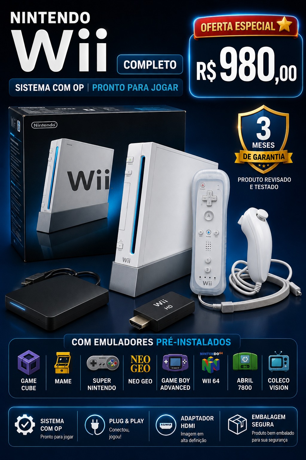 Nintendo Wii Sistema Completo + Adaptador HDMI + Controle Original + Nunchuck - Pronto para Jogar