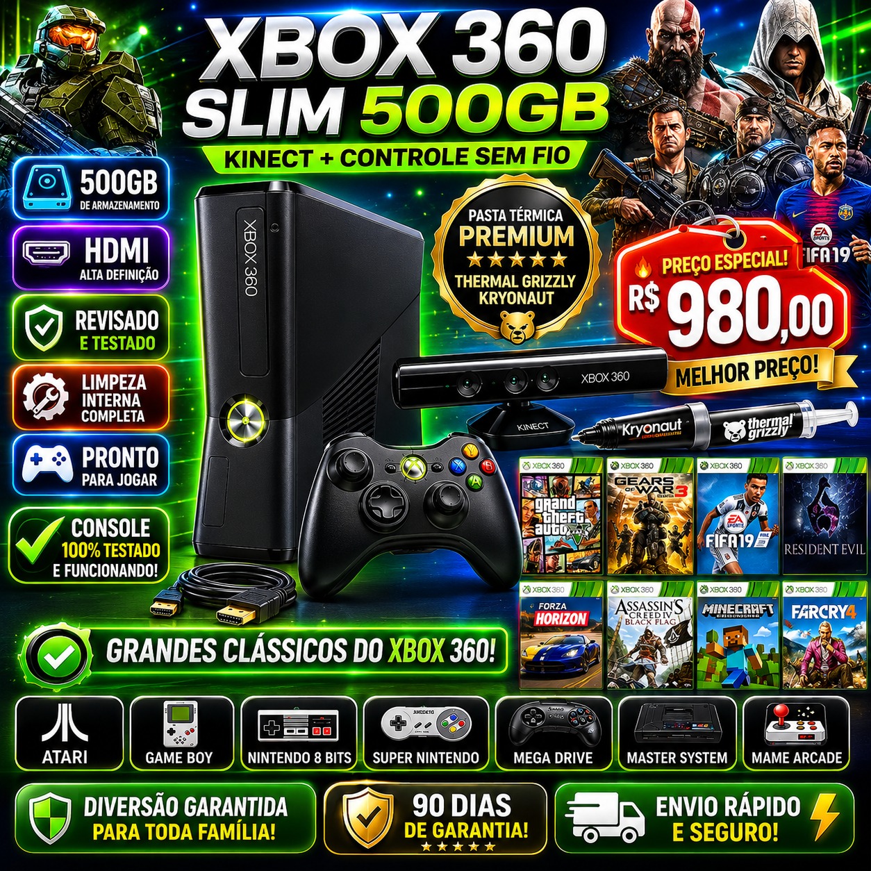 XBOX 360 SLIM 500GB COMPLETO + KINECT + HDMI + CONTROLE SEM FIO + JOGOS