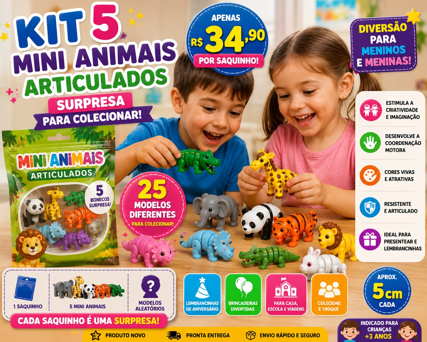 Kit 5 Mini Animais Articulados Surpresa Brinquedo Infantil Colecionável