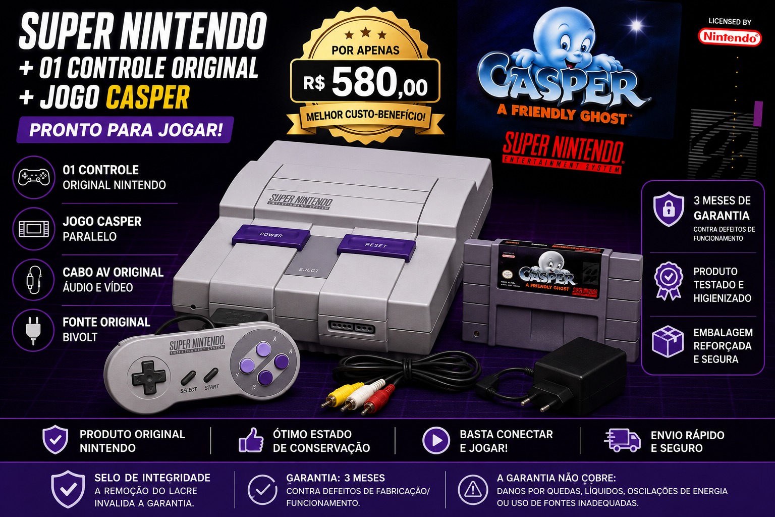 Super Nintendo + 1Controle Original + Jogo Casper Pronto para jogar