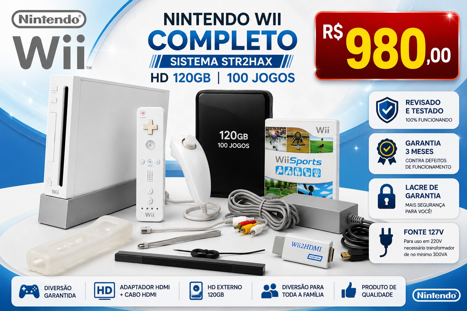 Nintendo Wii Branco Completo + HD 120GB 100 Jogos + Wii Sports Original + HDMI - Item Usado
