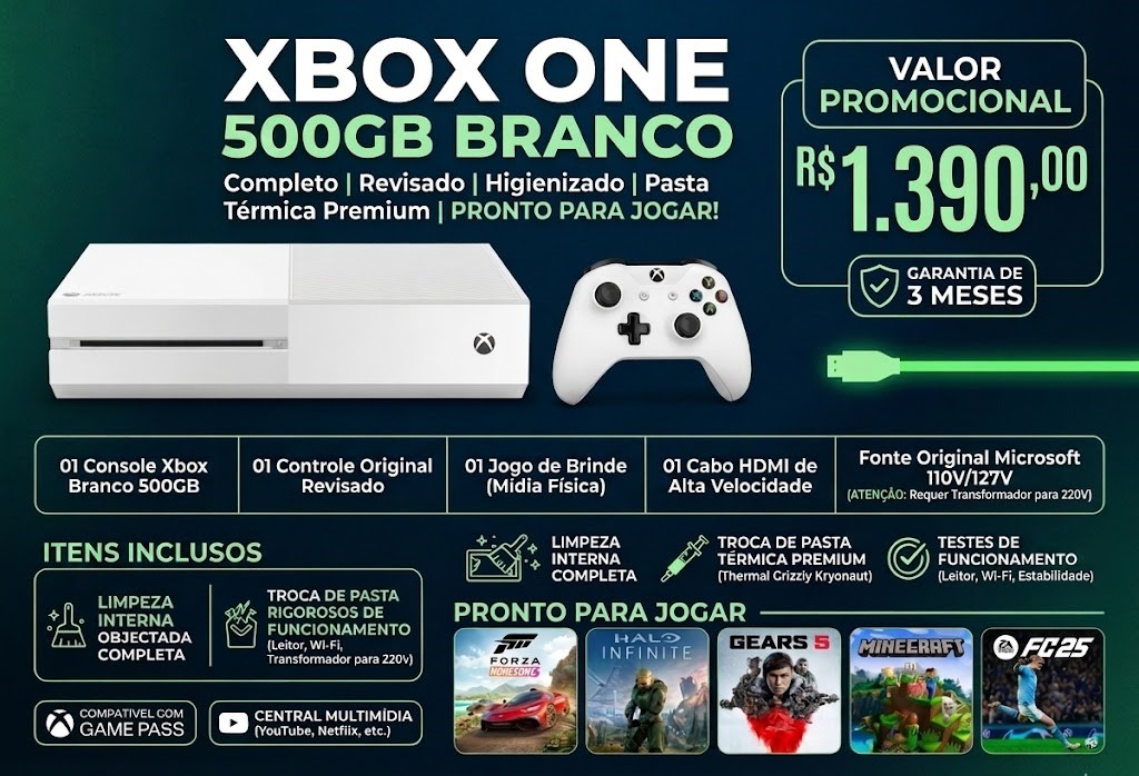 Xbox One 500GB Branco + 01 Controle Original Revisado + 01 jogo de brinde pronto para jogar