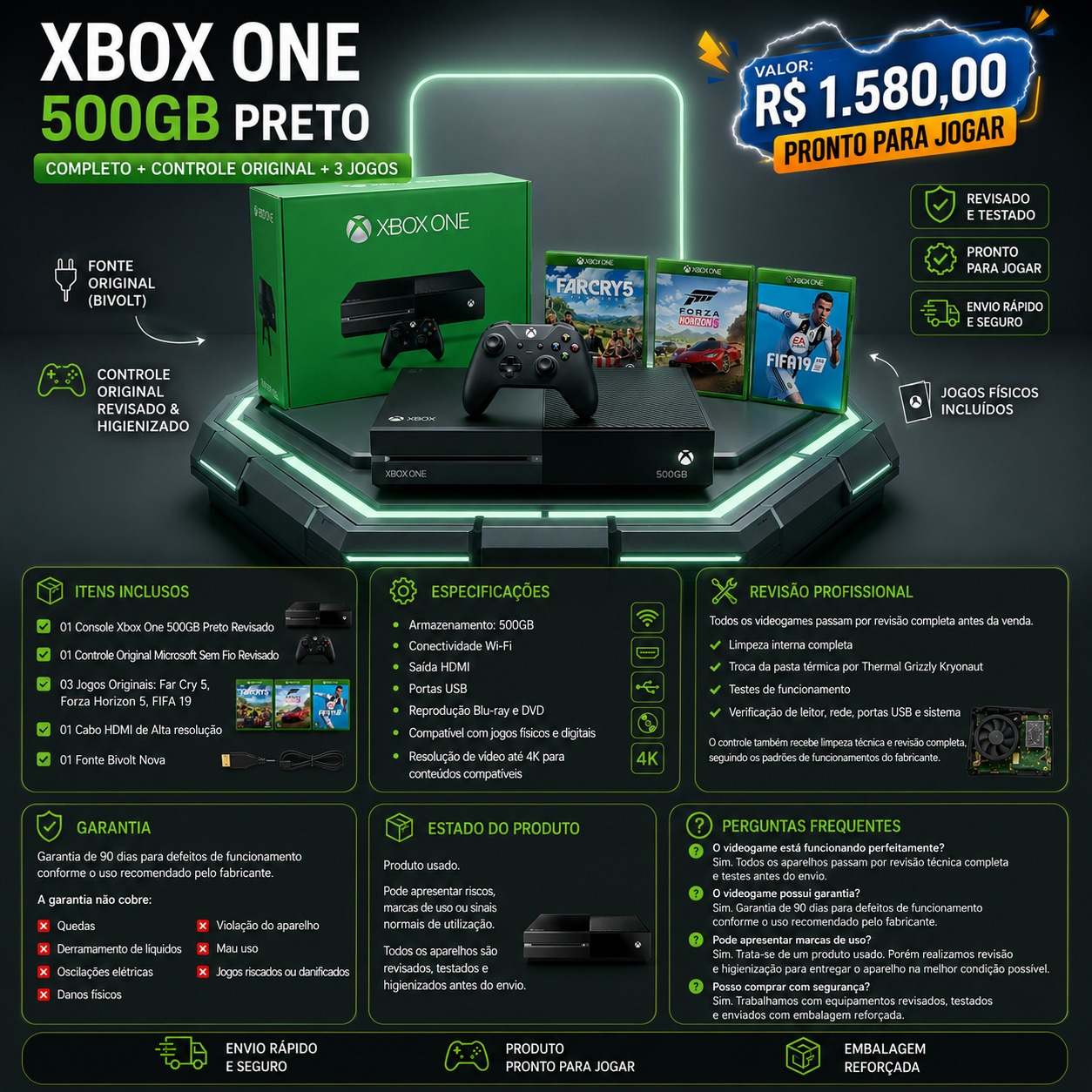 Xbox One 500GB Preto Completo Controle Original + 3 Jogos Revisado com Garantia