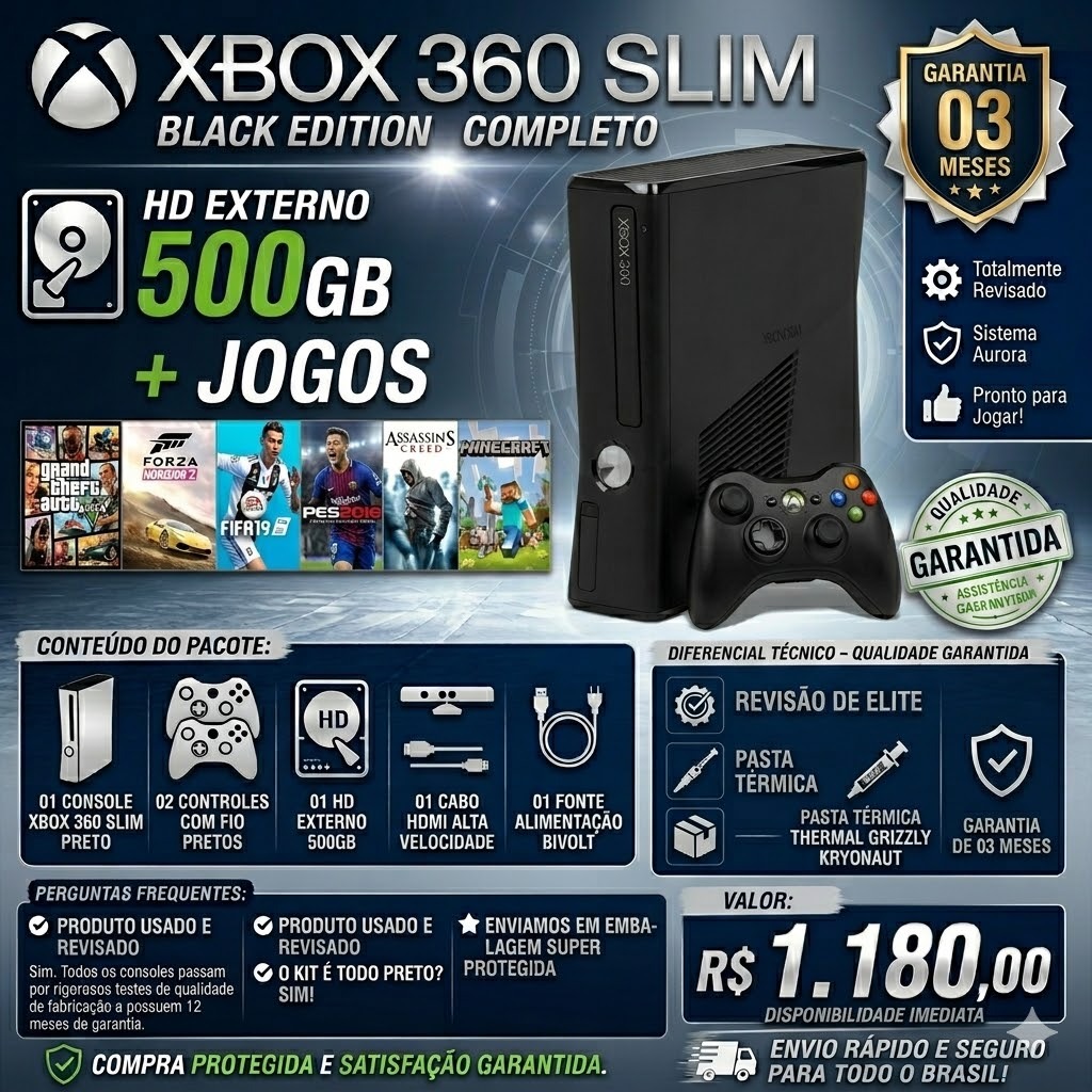 Xbox 360 SLIM 500gb Aurora Completo 2 Controles Sem Fio + Kinect + Jogos Pronto para jogar