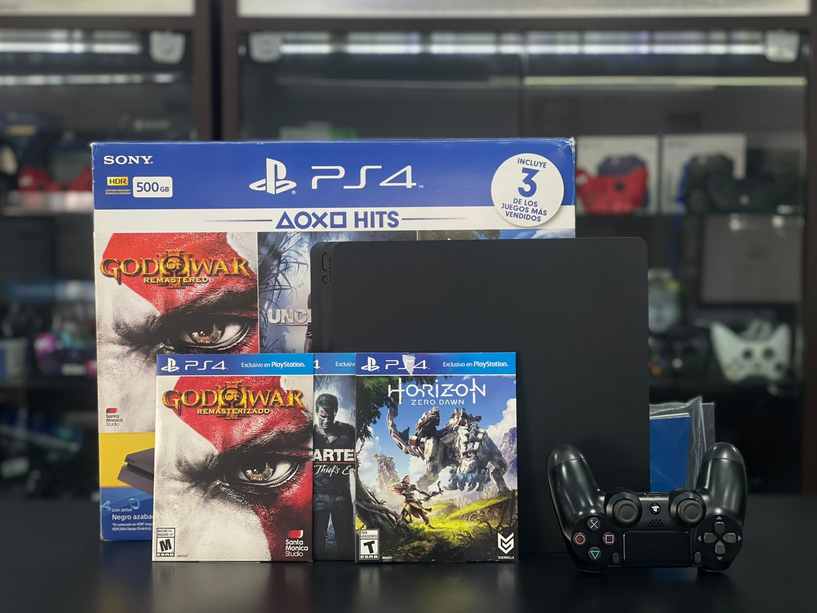 PLAYSTATION 4 SLIM 500GB +01 CONTROLE ORIGINAL +HORIZON+UNCHARTED 4+ GOD OF WAR III- serial batendo