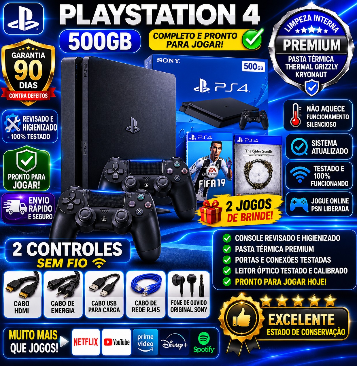 Playstation 4 500GB Preto + 02 Controles Sem Fio + 02 Jogos Mídia Física de Brinde Pronto para Jogar