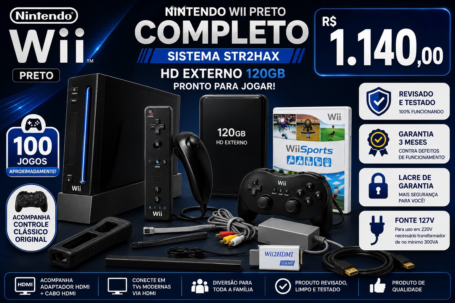 Nintendo Wii Preto Sistema STR2HAX + HD Externo 120GB + HDMI + Controle Clássico - Pronto para Jogar (Item Usado)