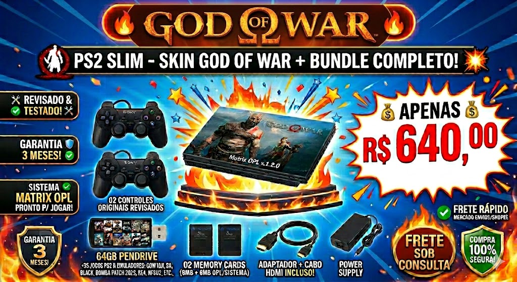 PlayStation 2 Slim Skin God Of War + 2 Controles + Jogos + HDMI | Revisado
