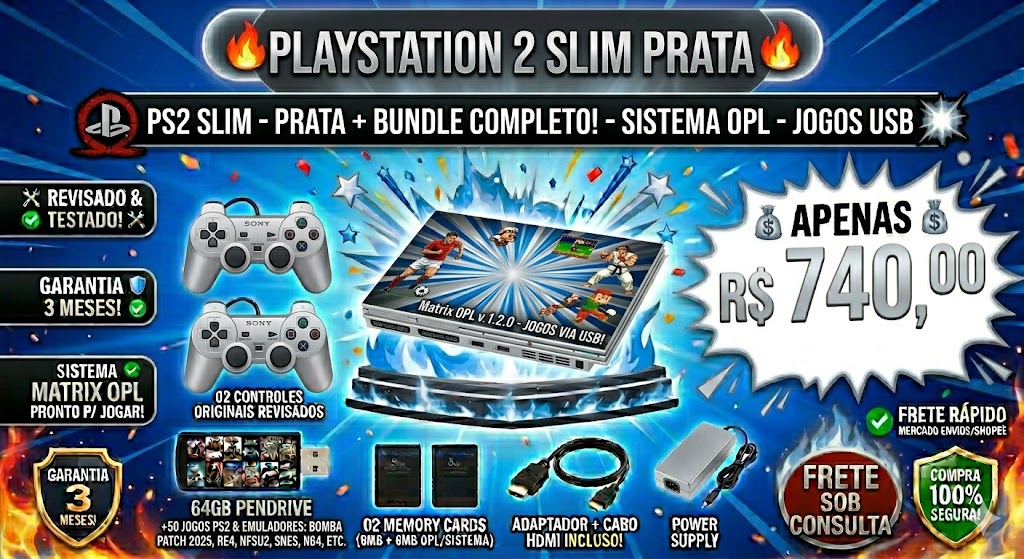 PlayStation 2 Slim Prata + 2 Controles + Jogos + HDMI | Revisado