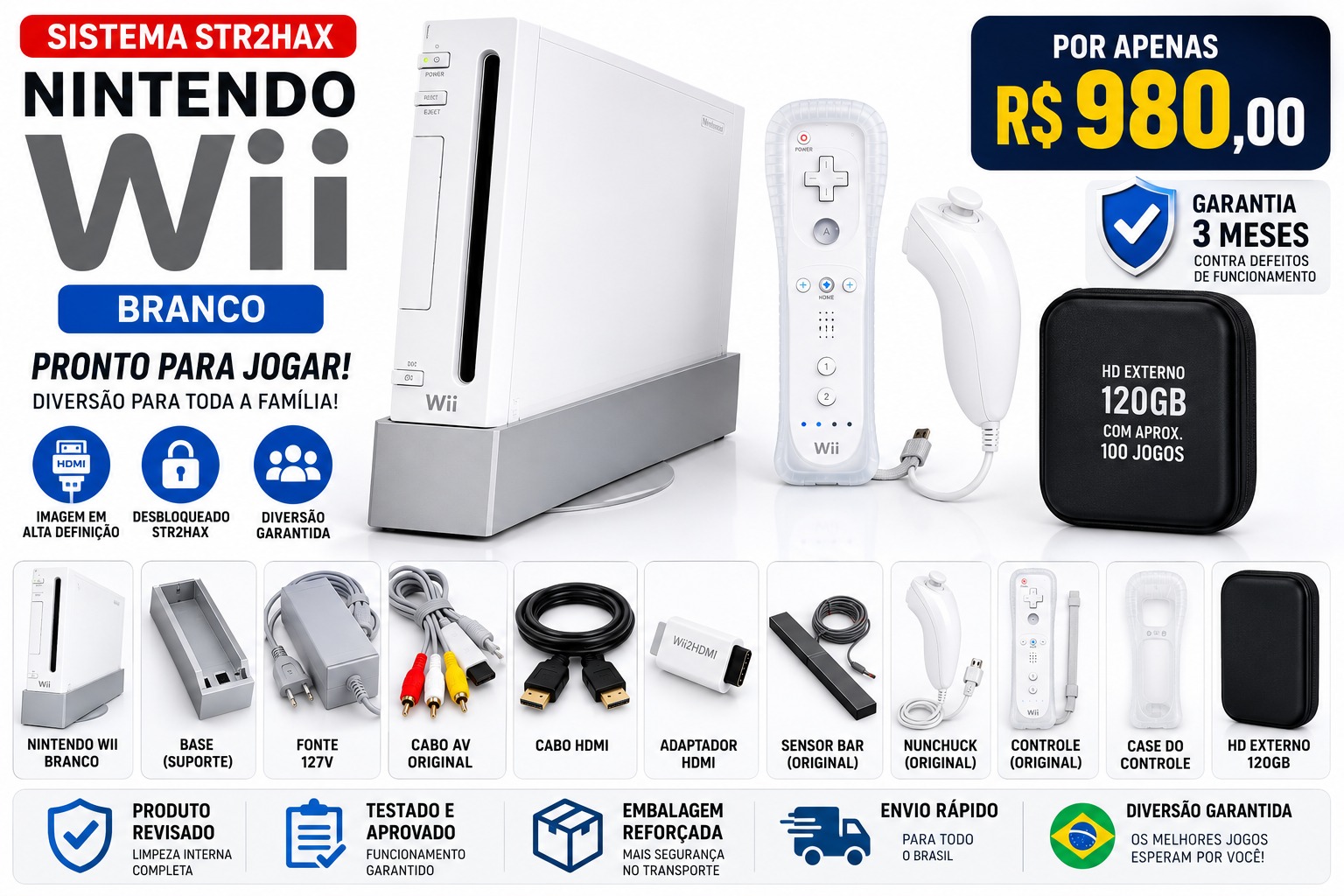 Nintendo Wii Branco Sistema Str2hax + HD Externo 120GB com Jogos + HDMI - Pronto para Jogar