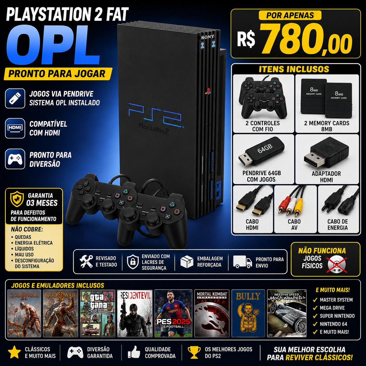 PlayStation 2 Fat O.P.L + 2 Controles + 02 Memory Card + Jogos  + Adaptador Hdmi / Pronto para jogar