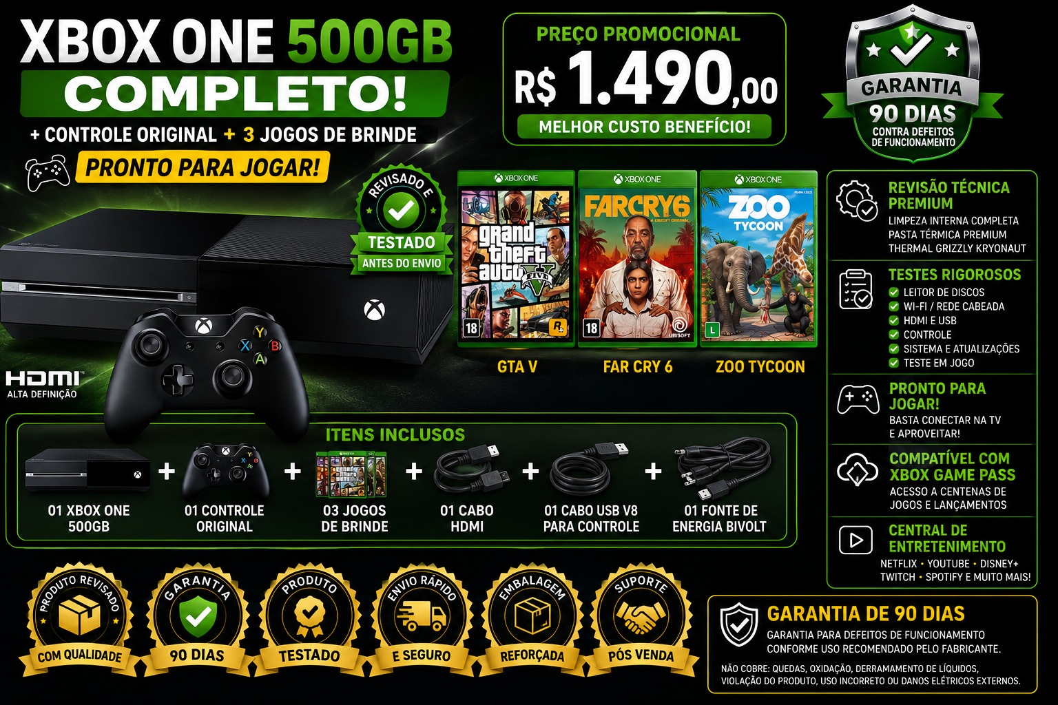 XBOX ONE 500GB COMPLETO + CONTROLE ORIGINAL + GTA V + FAR CRY 6 + ZOO TYCOON PRONTO PRA JOGAR