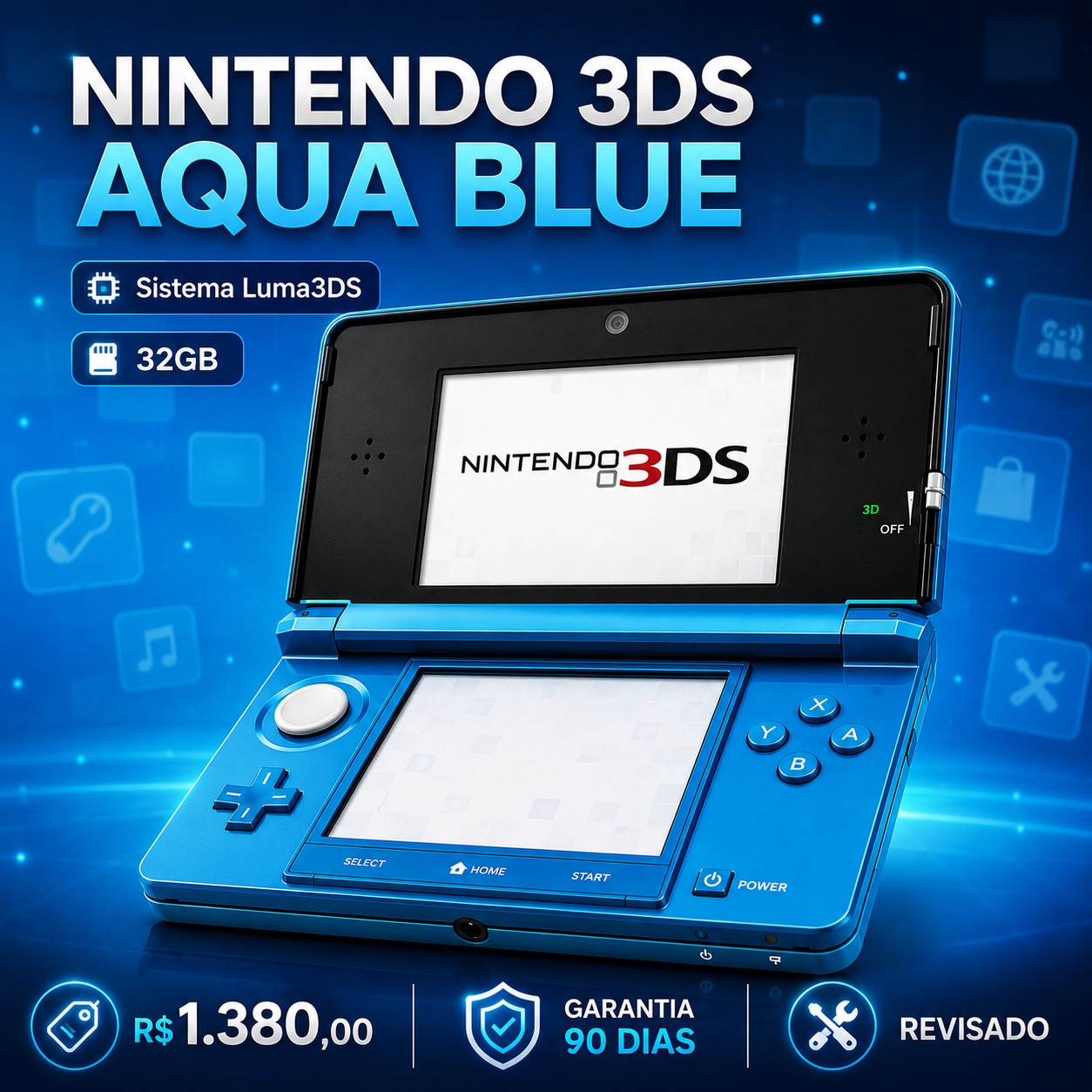 Nintendo 3DS Aqua Blue 32GB Sistema Luma + Fonte Original Pronto para Jogar