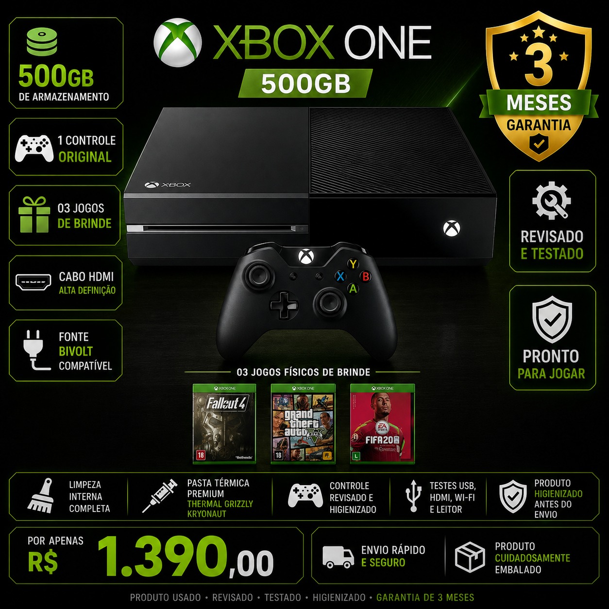 Xbox One Fat 500GB + 01 Controle Original + 03 Jogos Físicos  Revisado Pronto para Jogar