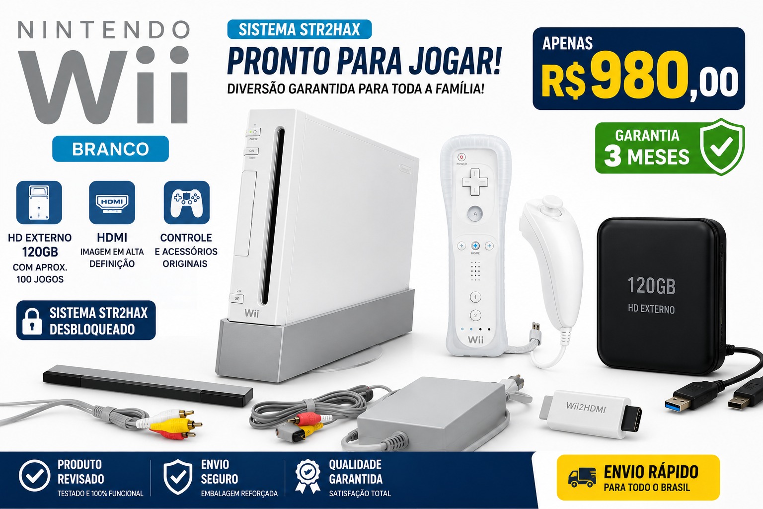 Nintendo Wii Branco Sistema Str2hax + HD Externo 120GB com Jogos + HDMI - Item Usado