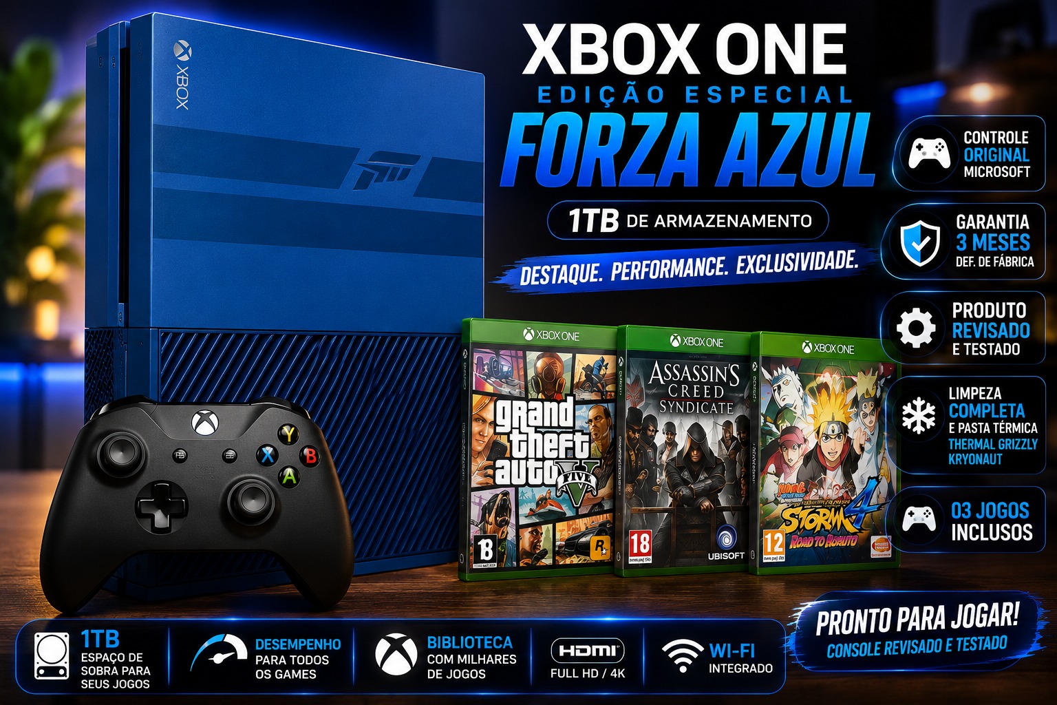 Xbox One 1TB Edição Especial Forza Azul + Controle Original + 03 Jogos + Garantia Pronto para Jogar