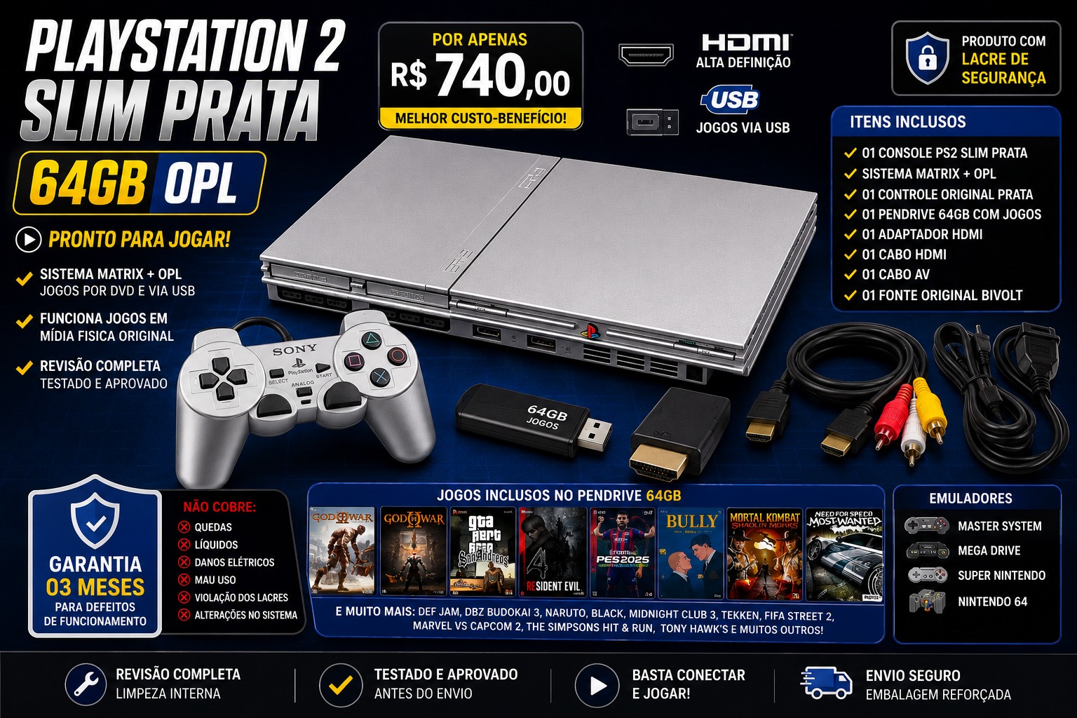 PlayStation 2 Slim Prata 64GB OPL + 01 Controle Original + HDMI – Pronto para Jogar