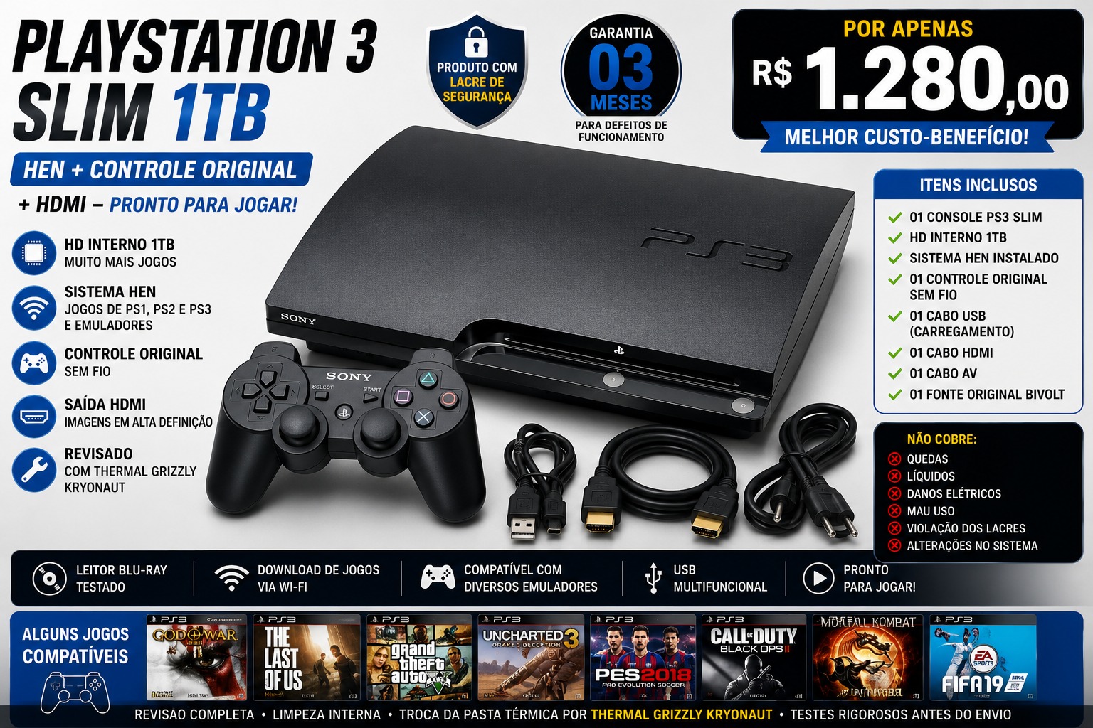 PlayStation 3 Slim 1TB HEN + 01 Controle Original + HDMI – Pronto para Jogar