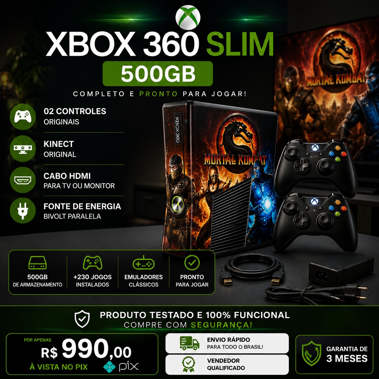 Xbox 360 Slim 500GB Aurora Adesivado Mortal Kombat + 2 Controles Originais + Jogos Pronto para Jogar
